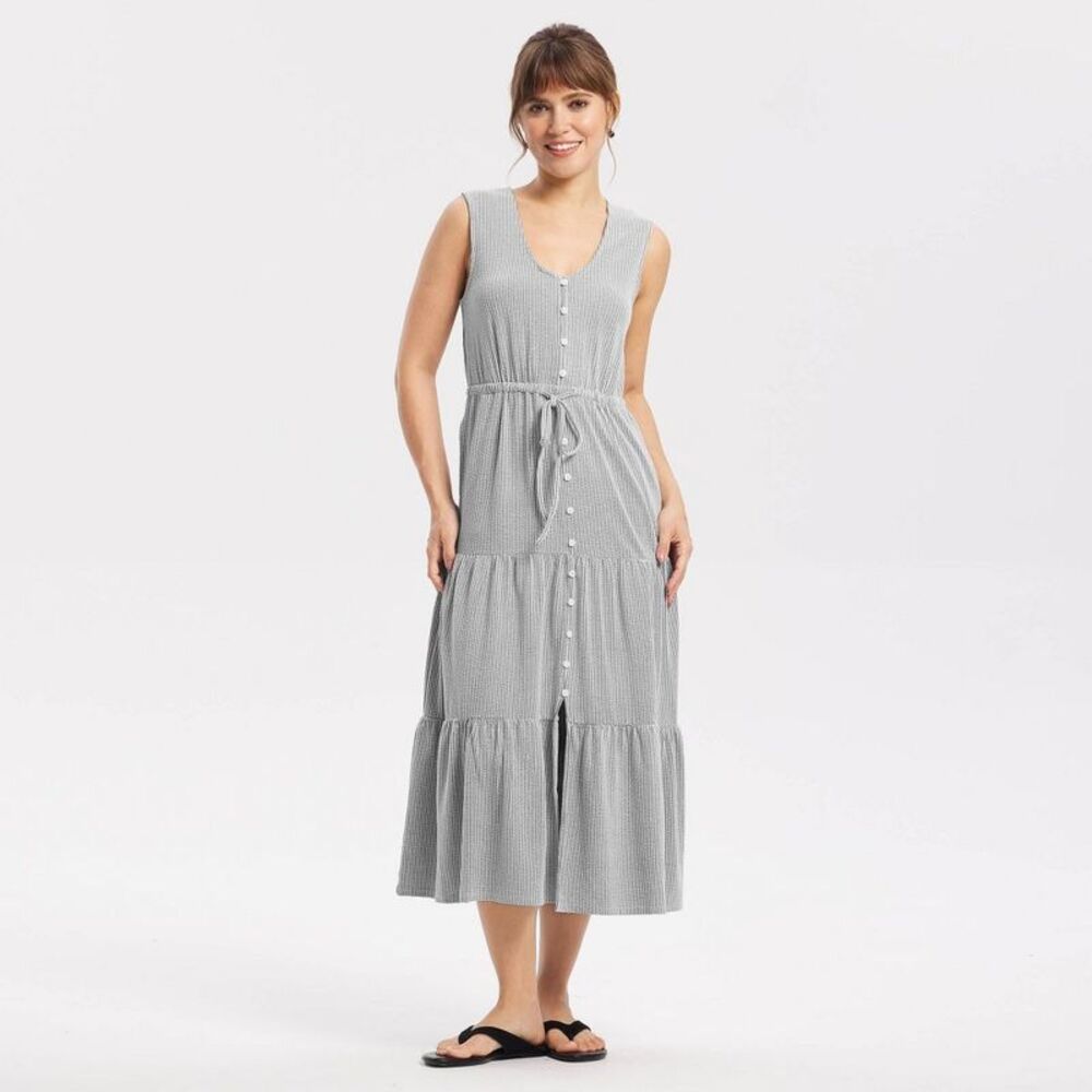 Women's Button-Front Tiered Midi Dress - Universal Thread Black Striped L